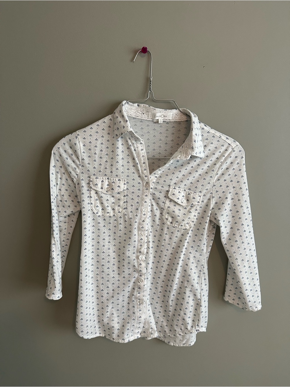 Eden & Olivia White Button-Up Blouse with Navy Anchor Print